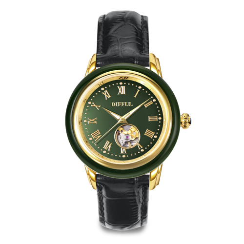 Kundenspezifische OEM echtes Leder mechanische Jade Uhr